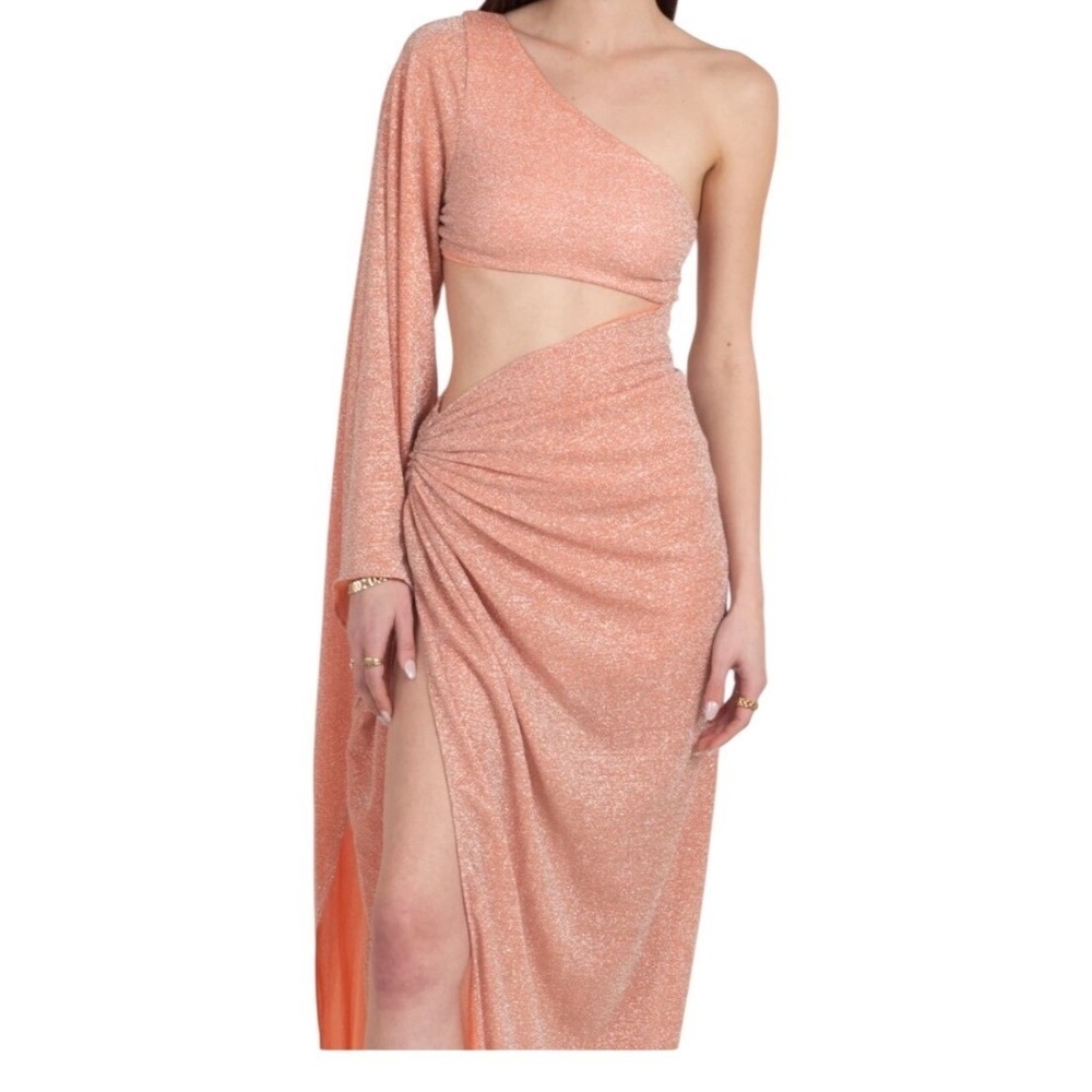 Baobab Nela Cut Out Lurex Midi Dress Gold Pink One Shoulder Gown Womens Medium